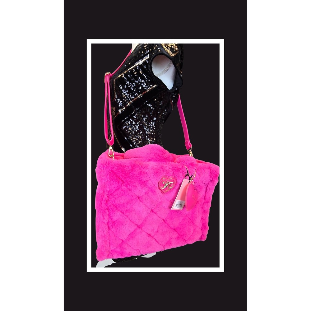 Juicy Couture Hot Pink Faux Fur Quilted‎ Tote Bag Heart Logo NWT Large Shoulder